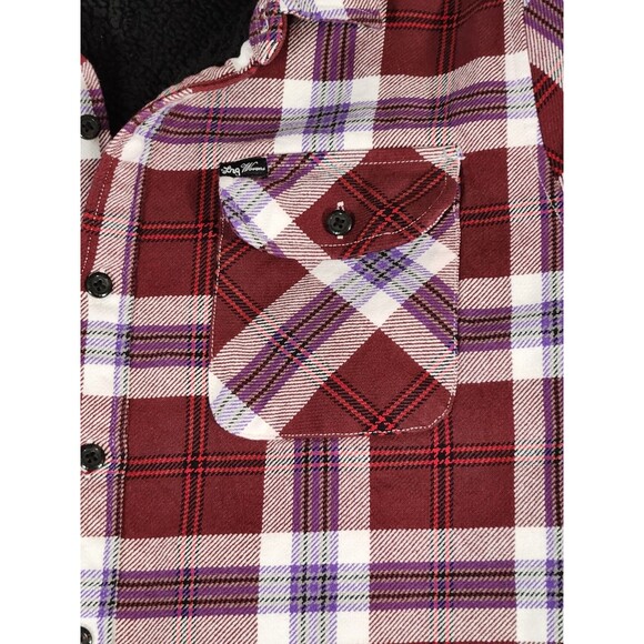 LRG Men's M Sherpa Lined Flannel Shirt Maroon/Purple Long Sleeve Pocket - Picture 4 of 10